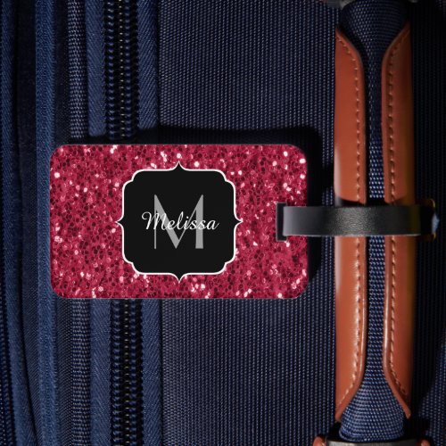 Dark pink red magenta faux sparkles Monogram Luggage Tag