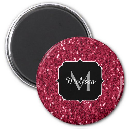 Dark pink red magenta faux sparkles Monogram Magnet