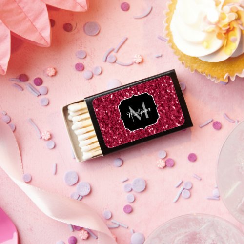 Dark pink red magenta faux sparkles Monogram Matchboxes