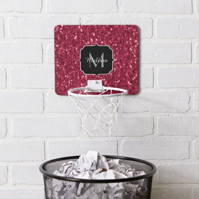 Dark pink red magenta faux sparkles Monogram Mini Basketball Hoop (In Situ)