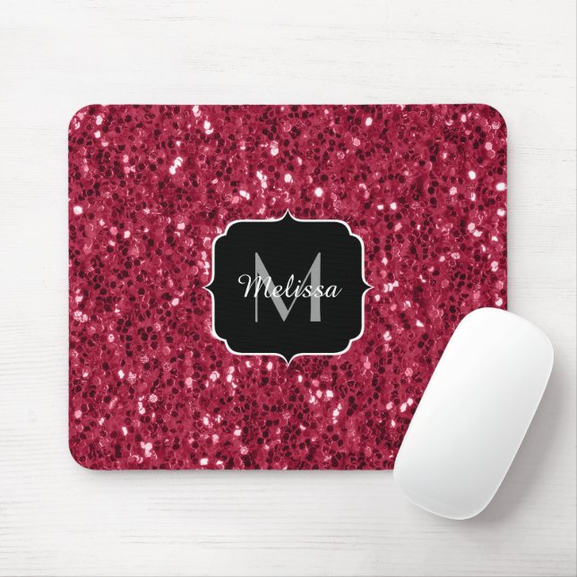 Dark pink red magenta faux sparkles Monogram Mouse Pad (With Mouse)