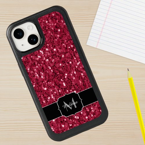Dark pink red magenta faux sparkles Monogram OtterBox iPhone 14 Case