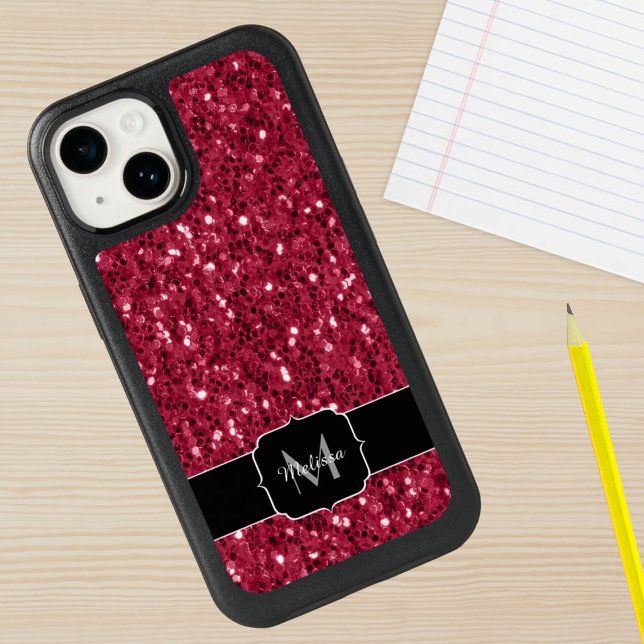 Dark pink red magenta faux sparkles Monogram Otterbox iPhone Case (Sparkle up and protect your phone with trendy faux sparkles phone case.)