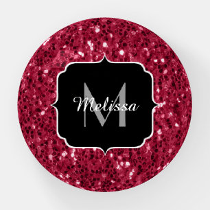 Dark pink red magenta faux sparkles Monogram Paperweight