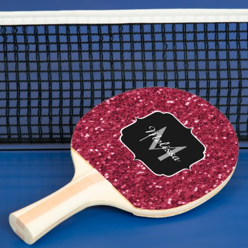 Dark pink red magenta faux sparkles Monogram Ping Pong Paddle