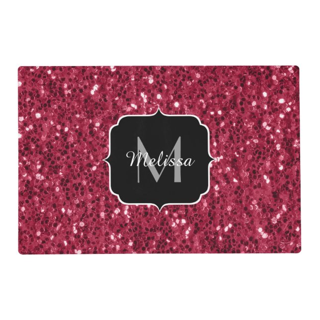 Dark pink red magenta faux sparkles Monogram Placemat (Front)