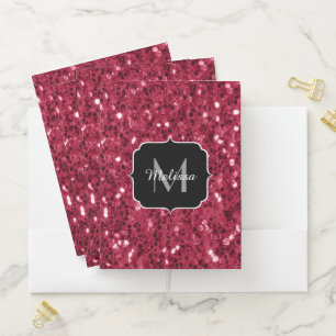 Dark pink red magenta faux sparkles Monogram Pocket Folder