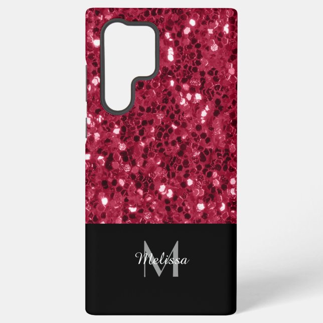 Dark pink red magenta faux sparkles Monogram Samsung Galaxy Case (Back)