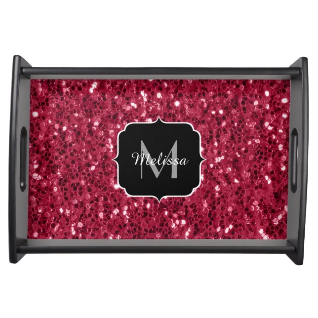 Dark pink red magenta faux sparkles Monogram Serving Tray (Front)