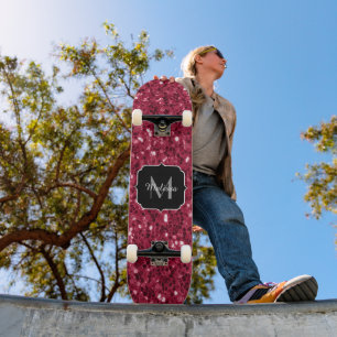 Dark pink red magenta faux sparkles Monogram Skateboard