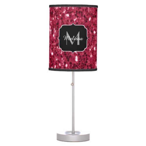 Dark pink red magenta faux sparkles Monogram Table Lamp