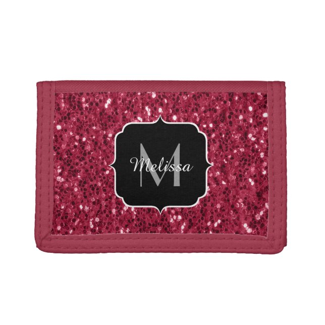 Dark pink red magenta faux sparkles Monogram Trifold Wallet (Front)
