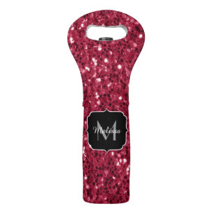 Dark pink red magenta faux sparkles Monogram Wine Bag