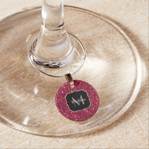 Dark pink red magenta faux sparkles Monogram Wine Charm