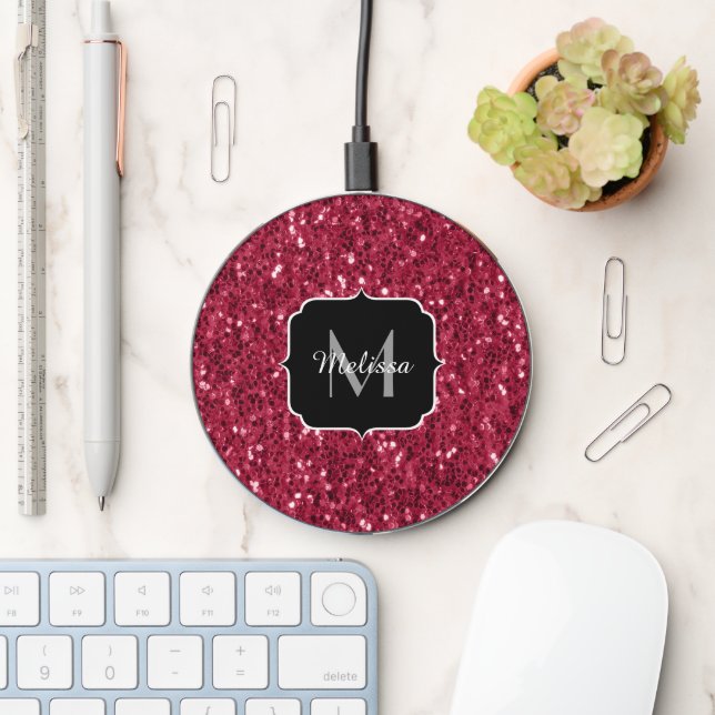 Dark pink red magenta faux sparkles Monogram Wireless Charger (Desk)