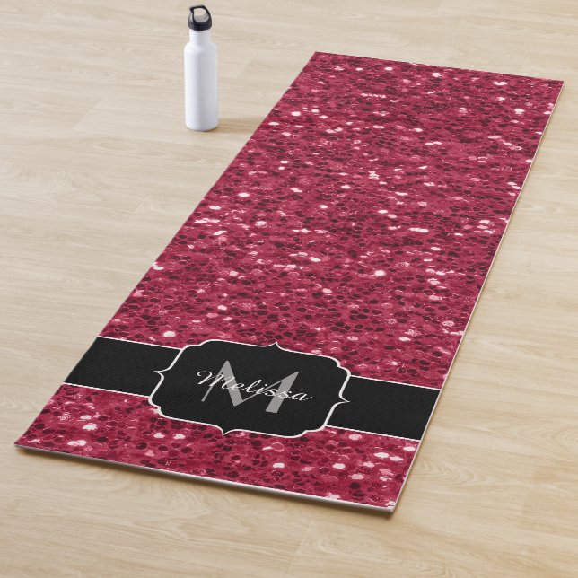Dark pink red magenta faux sparkles Monogram Yoga Mat (In Situ)