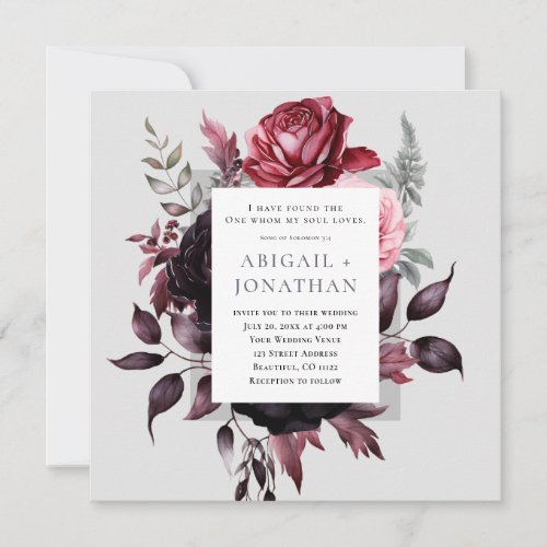 Dark Pink Rose Grey Floral Bible Christian Wedding Invitation