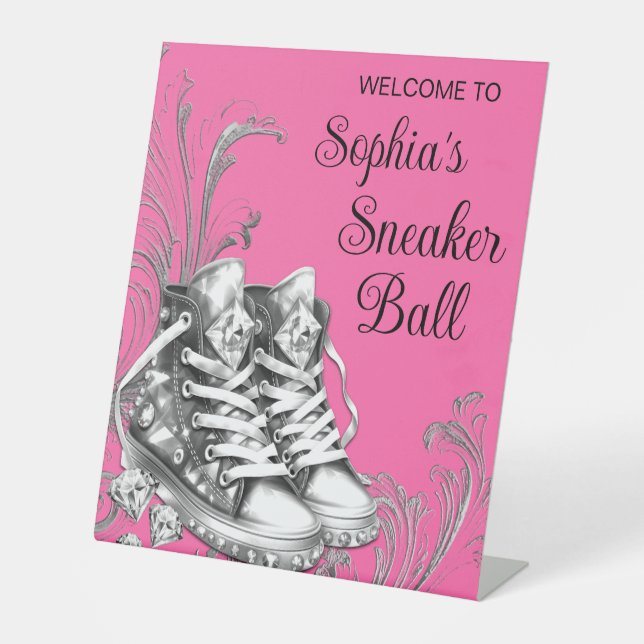 Dark Pink Sneaker Ball Welcome Table Pedestal Sign (Front)