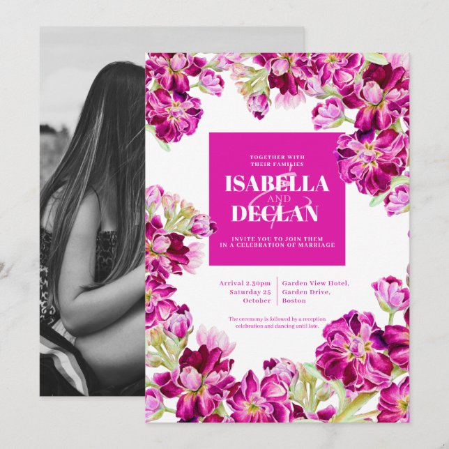 Dark pink stock floral frame watercolor wedding invitation (Front/Back)