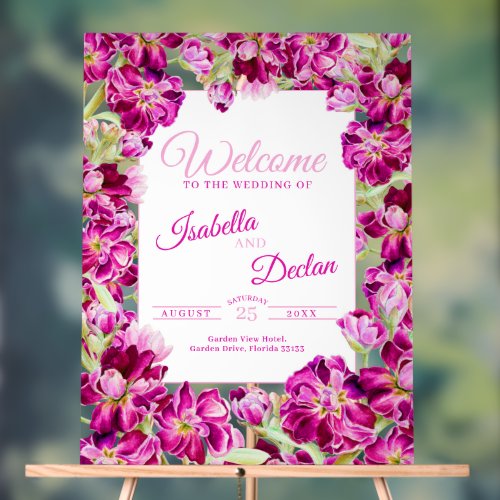 Dark pink stock floral watercolor wedding welcome  acrylic sign