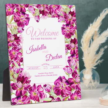 Dark Pink Stock Floral Watercolor Wedding Welcome Plaque by mylittleedenweddings at Zazzle