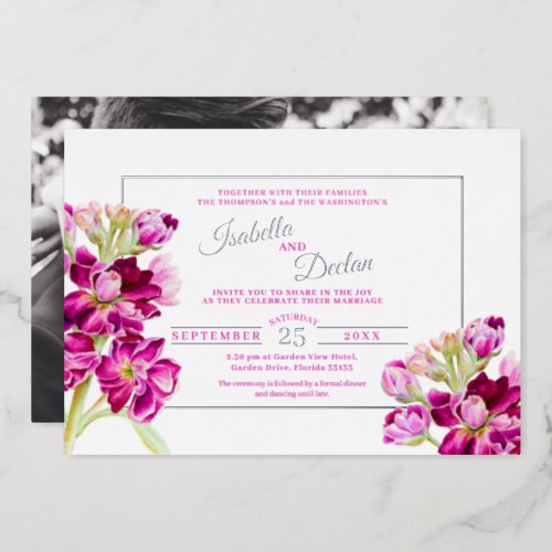 Dark pink stock watercolor wedding gold frame foil invitation