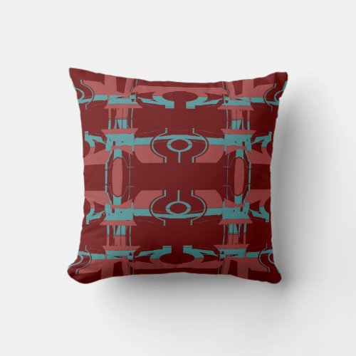 Dark Pink Teal Blue on Burgundy Symmetrical Design Throw Pillow
