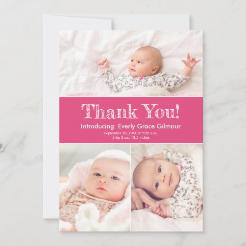 Dark Pink Three Photos Baby Girl Shower  Thank You Card