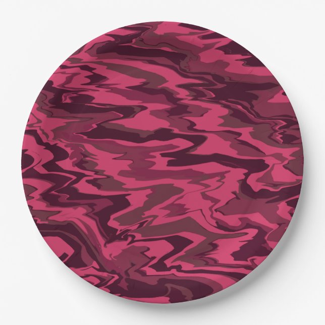 Dark Pink Wavy Liquid Pattern Paper Plates (Front)