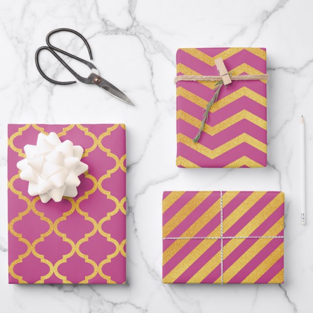 Dark Pink With Gold Color Patterns Wrapping Paper Sheets (Front)