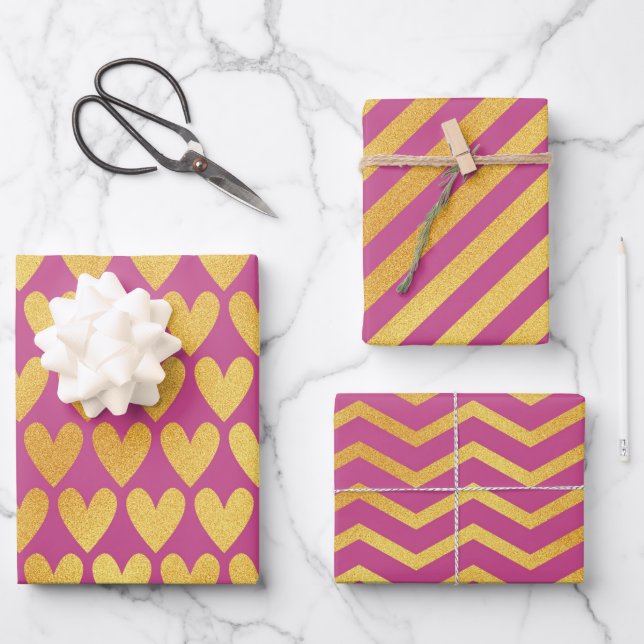 Dark Pink With Gold Color Patterns Wrapping Paper Sheets (Front)