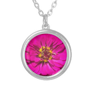 Dark Pink Zinnia Flower Silver Plated Necklace