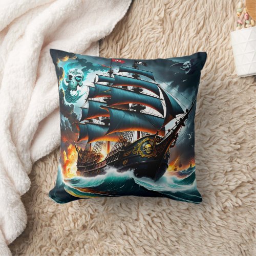 Dark Pirate Ship Sailing Through Stormy Seas Throw Pillow