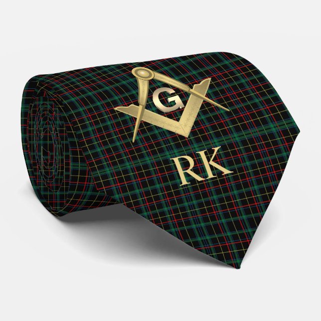 Dark Plaid Masonic Monogrammed Neck Tie (Rolled)