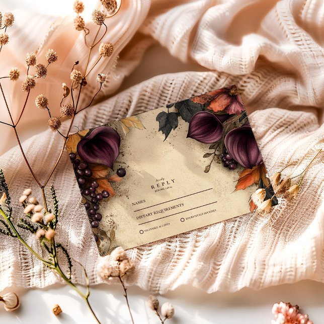Dark Plum Autumn Floral Wedding RSVP Card (Creator Uploaded)