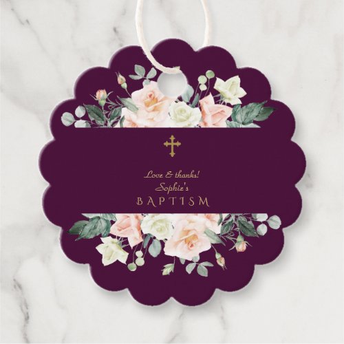 Dark Plum Blush White Flowers Gold Girl Baptism Favor Tags