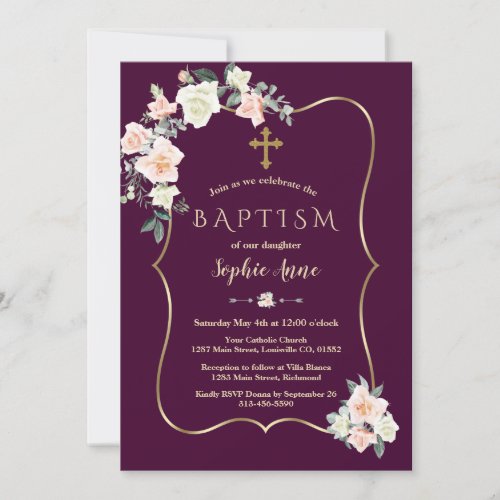 Dark Plum Blush White Flowers Gold Girl Baptism Invitation