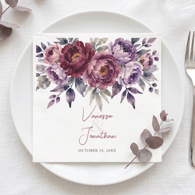 Dark Plum Burgundy Watercolor Floral Wedding Napkins (Creator Uploaded)