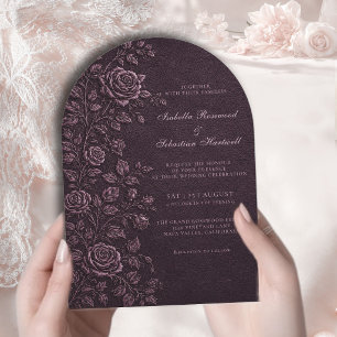 Dark Plum Faux Emboss Rose Wedding Invitation