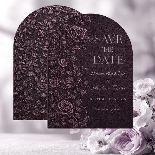 Dark Plum Faux Emboss Rose Wedding Save The Date Invitation (Creator Uploaded)