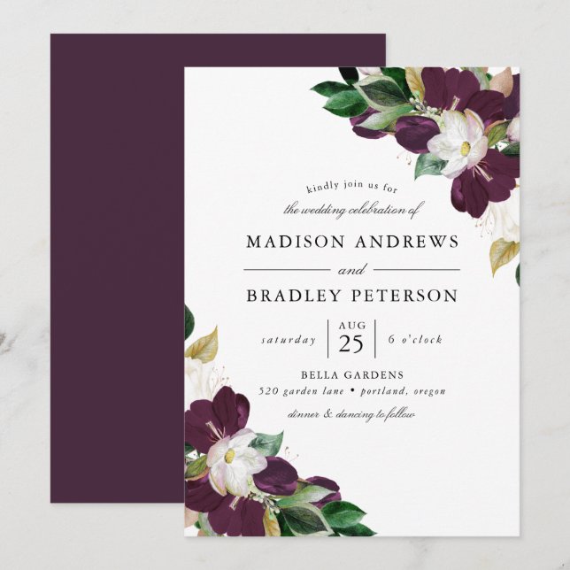 Dark Plum Floral Bouquets | Wedding Invitation (Front/Back)
