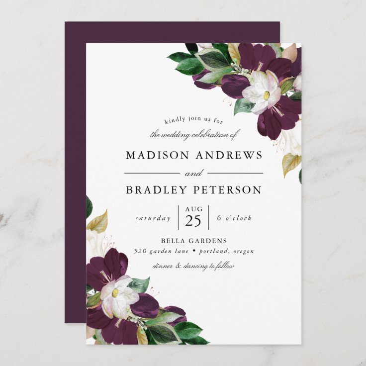 Dark Plum Floral Bouquets | Wedding Invitation | Zazzle