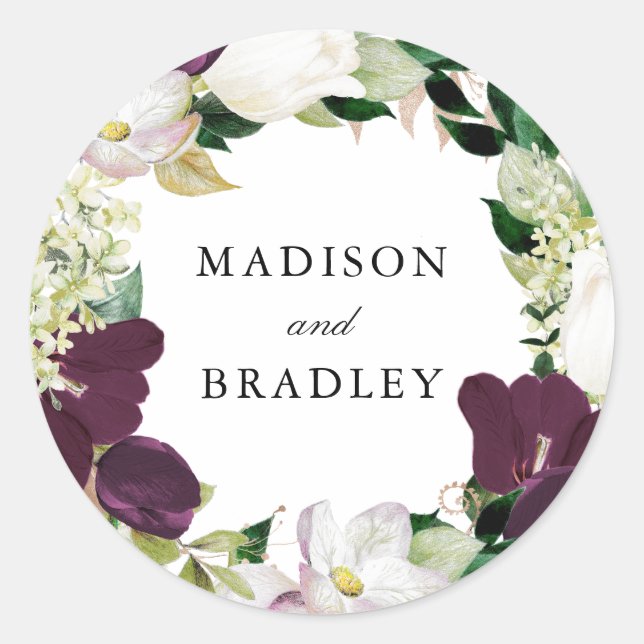 Dark Plum Floral | Personalized Wedding Classic Round Sticker (Front)