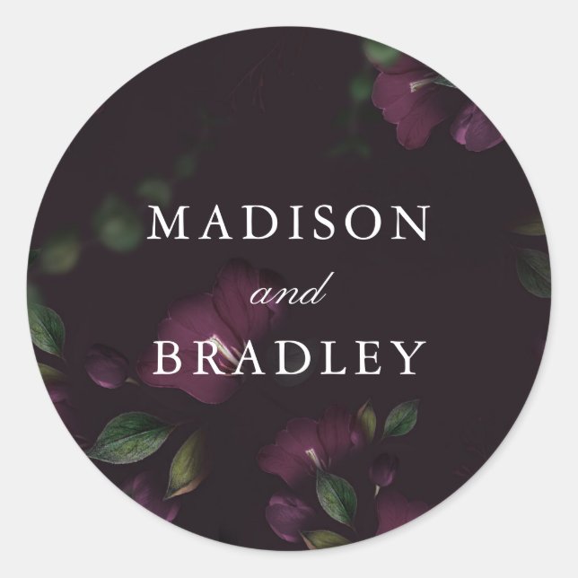 Dark Plum Floral | Personalized Wedding Classic Round Sticker (Front)
