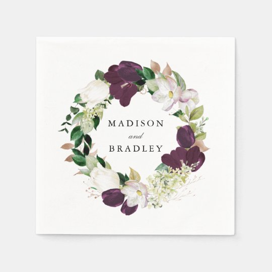 Dark Plum Floral Personalized Wedding Napkins