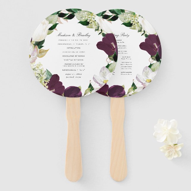 Dark Plum Floral | Personalized Wedding Program Hand Fan (Front and Back)