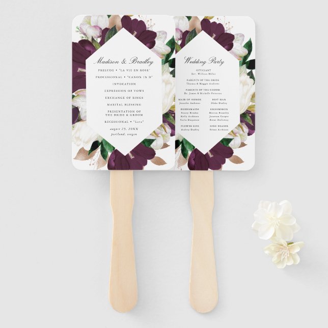 Dark Plum Floral | Personalized Wedding Program Hand Fan (Front and Back)