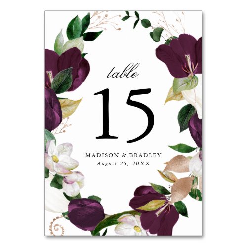 Dark Plum Floral  Personalized Wedding Table Number