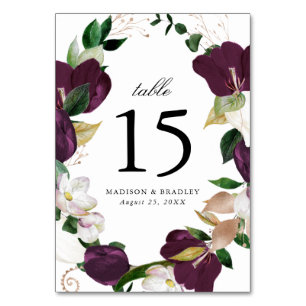 Dark Plum Floral Personalized Wedding Table Number