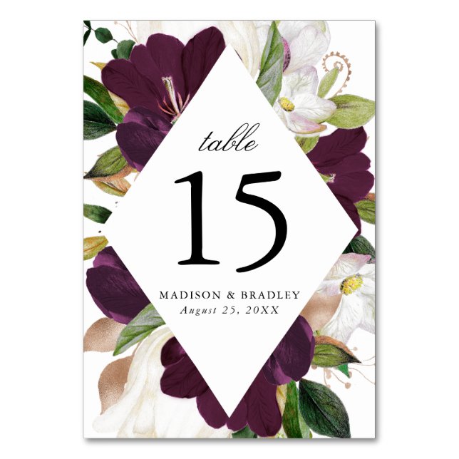 Dark Plum Floral | Personalized Wedding Table Number (Front)